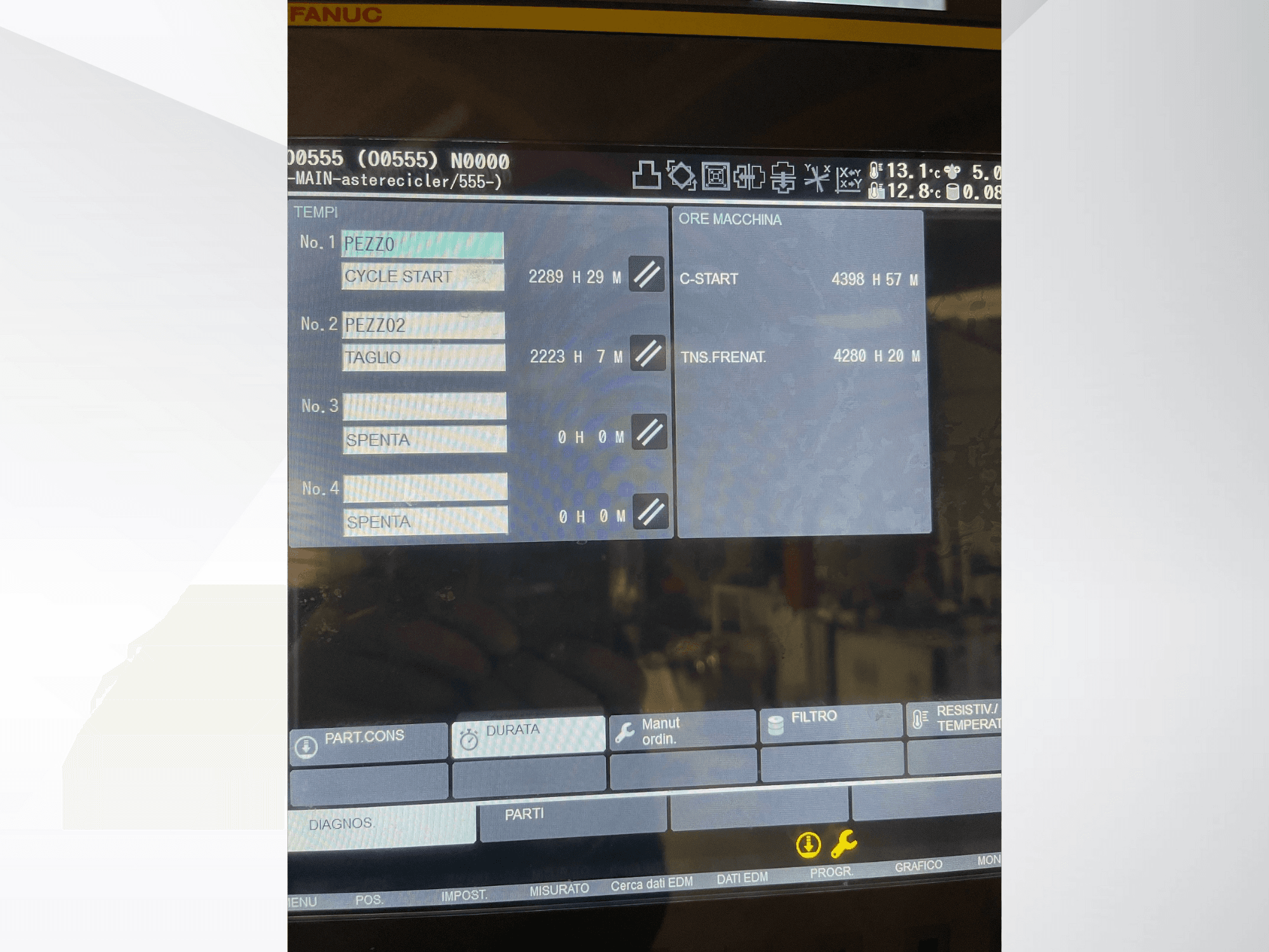 FANUC machine interface showing operational data: cycle times and hour counters for different processes, front view.