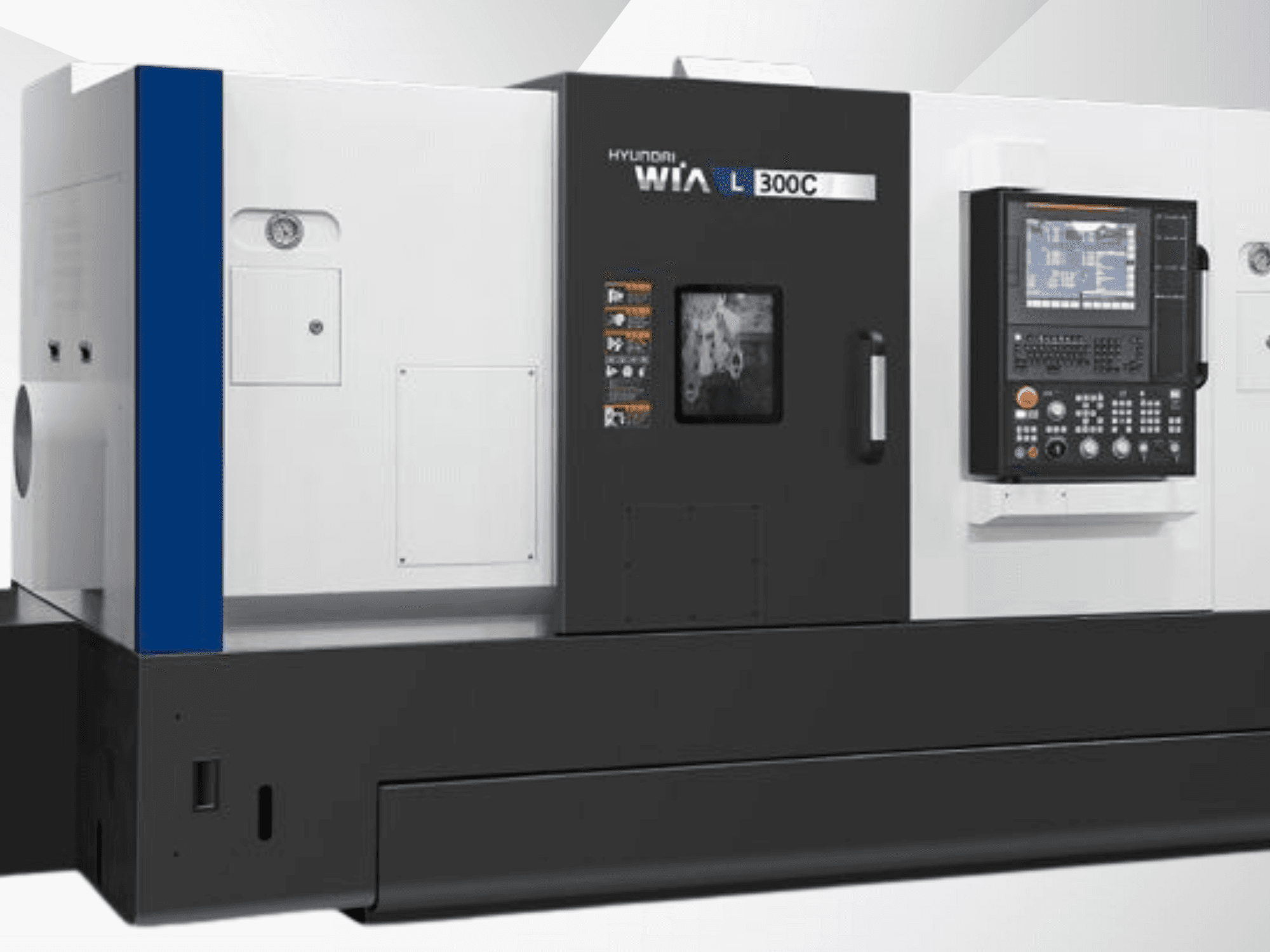 Hyundai WIA L300C CNC lathe machine, front view, with control panel and operational display. Features a sleek, modern design.