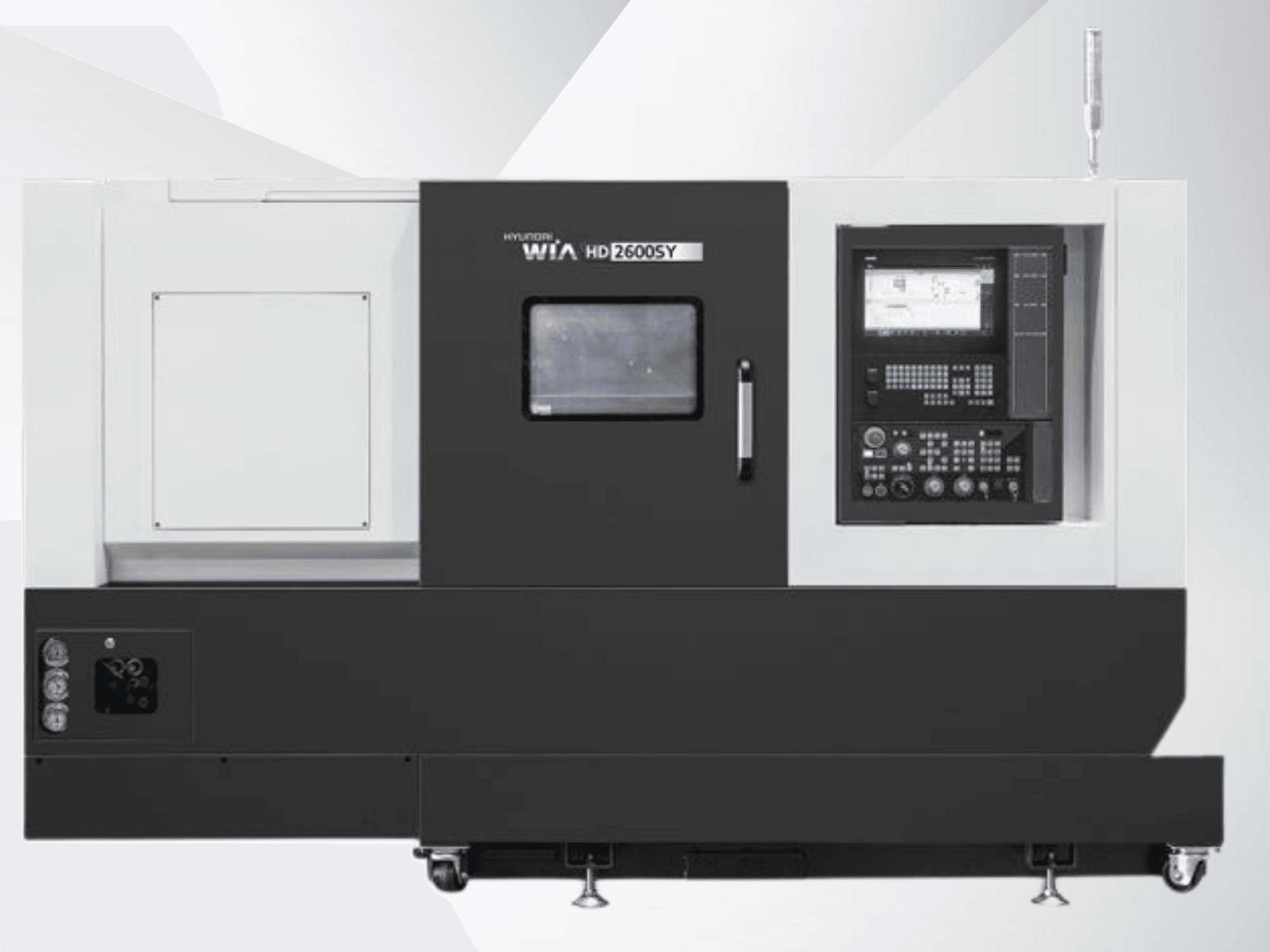 Hyundai WIA HD 2600SY CNC lathe, front view; includes digital control panel and tool storage area, showcasing technical features.