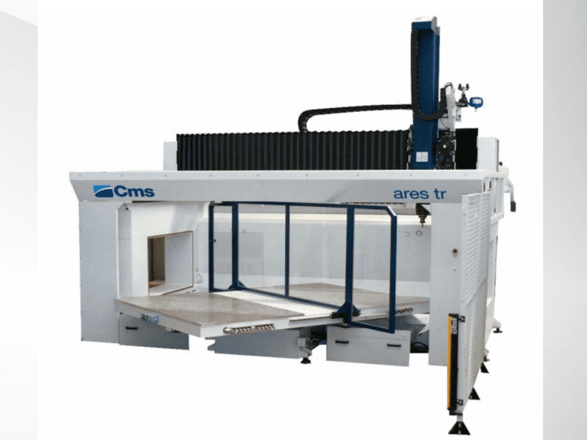 CMS Ares TR CNC machine, side view, features a large work table and enclosed design for precision cutting applications.