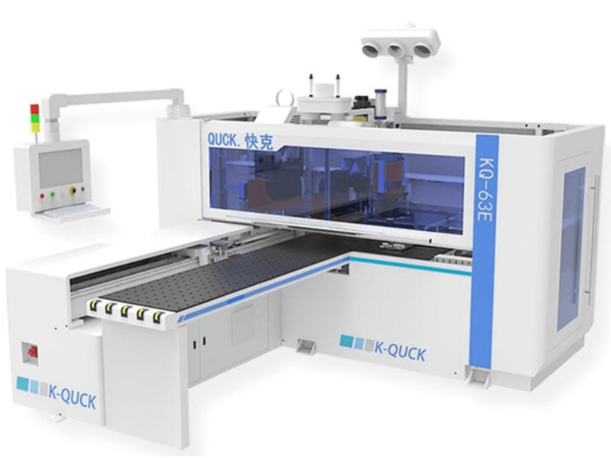 K-QUICK KQ-63E machine, front view, features control panel, transparent housing, and a flat conveyor with multiple rollers.