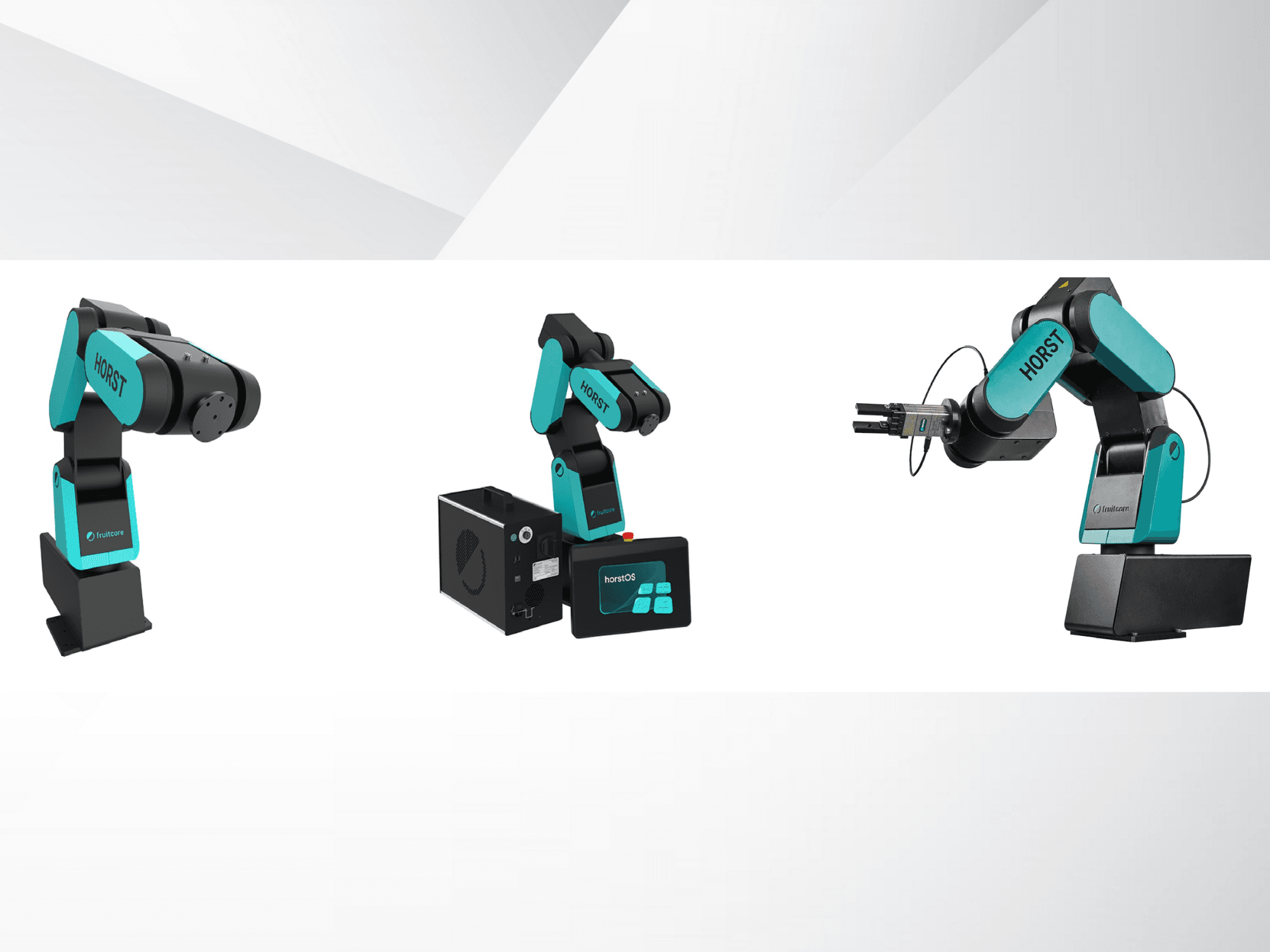 Three views of the Horst robotic arm by Fruitcore, highlighting its black and teal design, control panel, and gripper attachment.