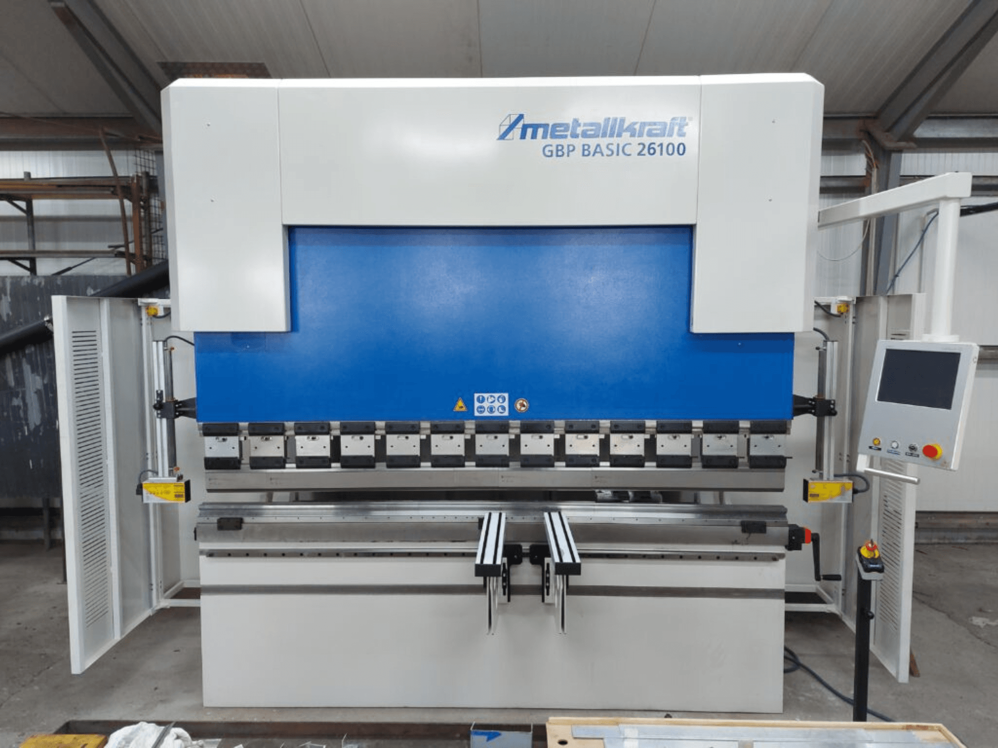 Metallkraft GBP BASIC 26100 roll bending machine in front view, showcasing control panel and bending area features.